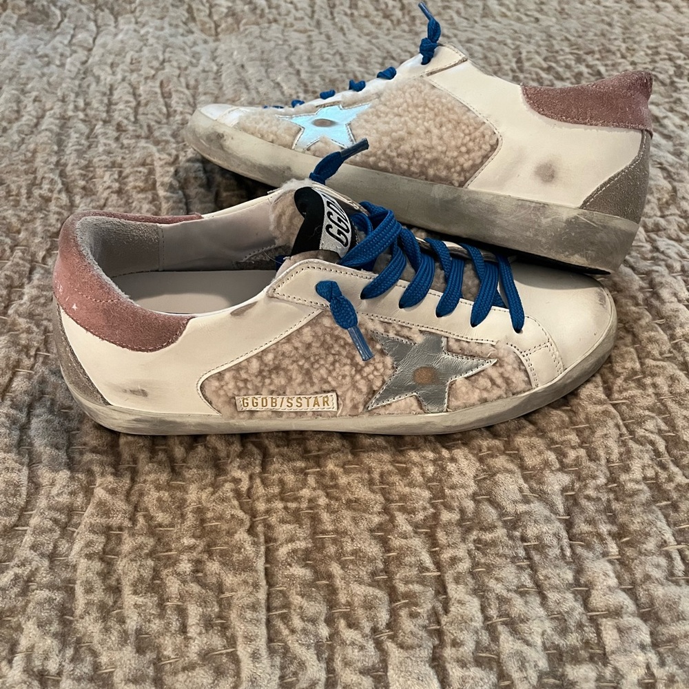 Golden Goose Shearling Star Sneakers with Blue Laces
